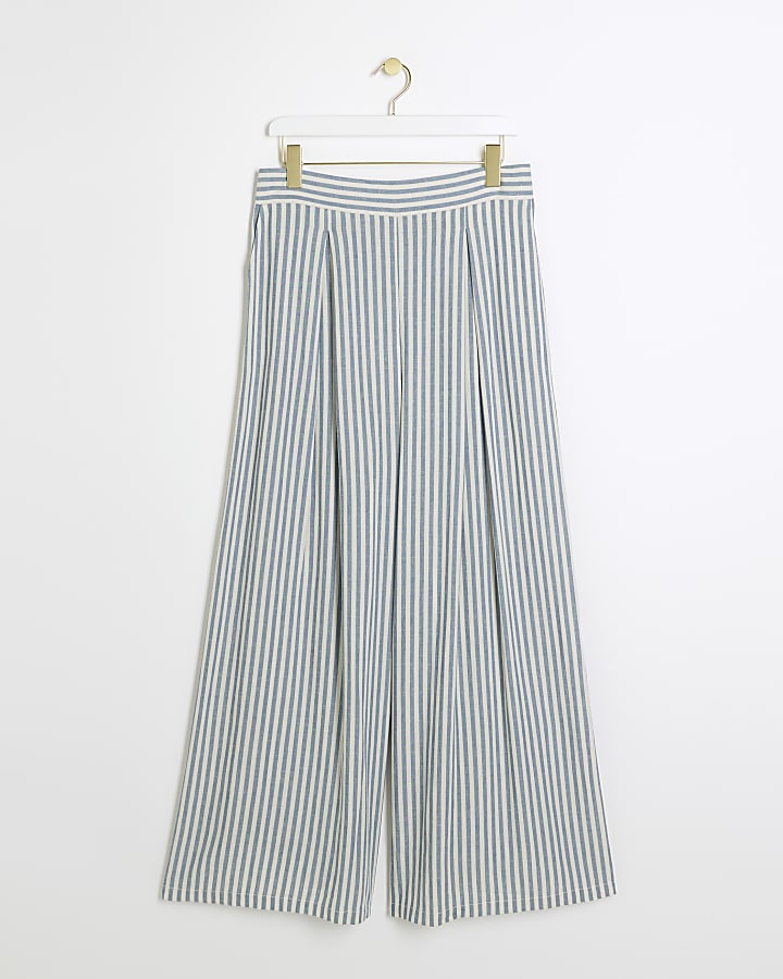 Blue linen blend stripe wide leg trousers
