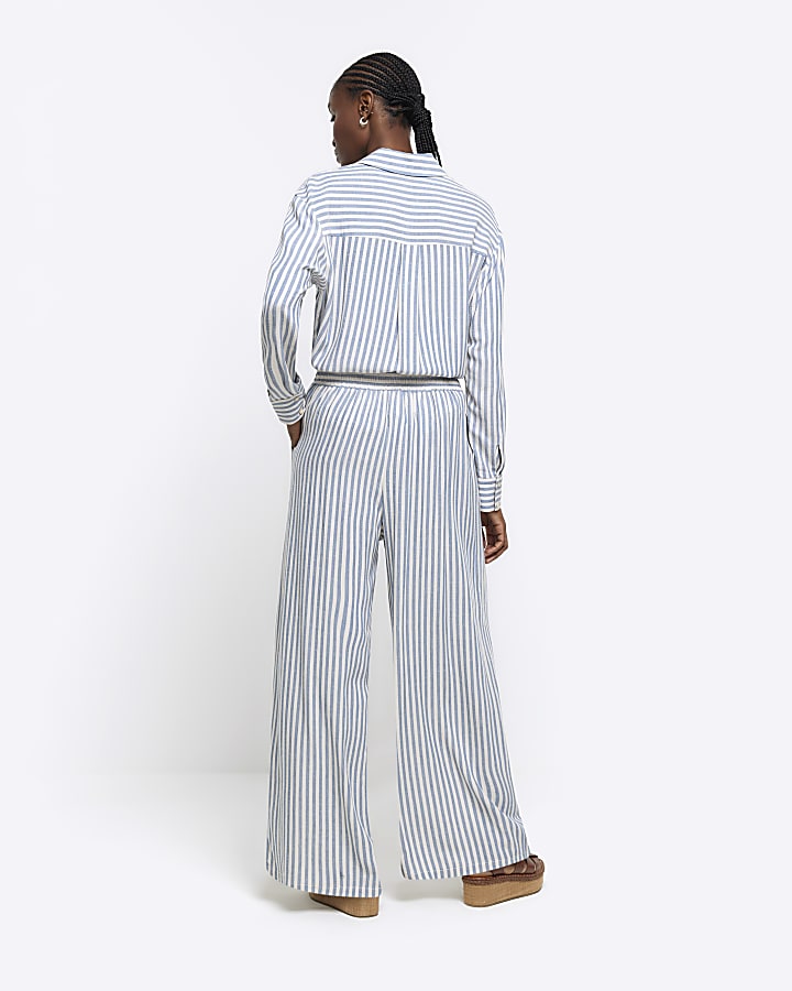 Blue linen blend stripe wide leg trousers