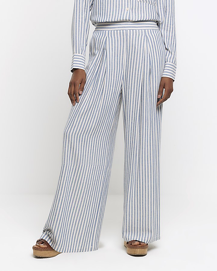 Blue linen blend stripe wide leg trousers | River Island