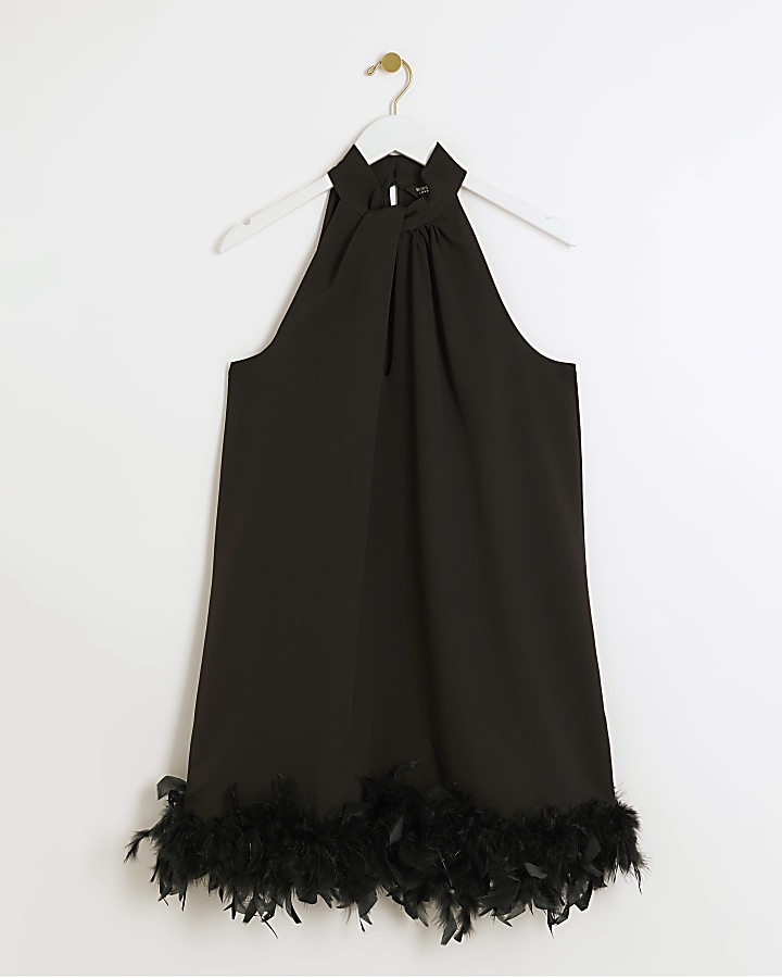 Black feather hem shift mini dress