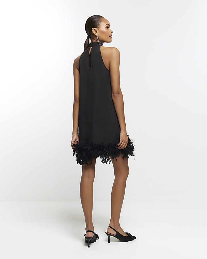Black feather hem shift mini dress