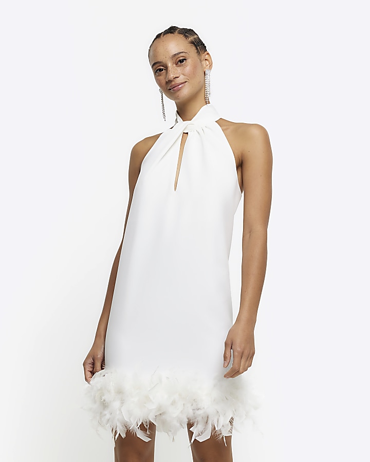 White feather hem shift mini dress