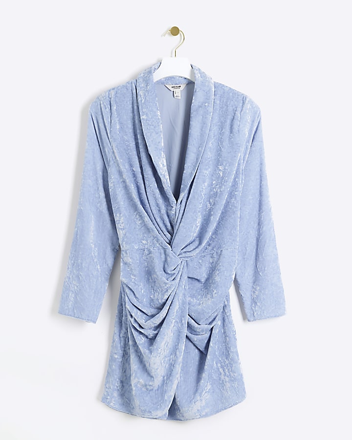 Blue velvet front twist shift mini dress