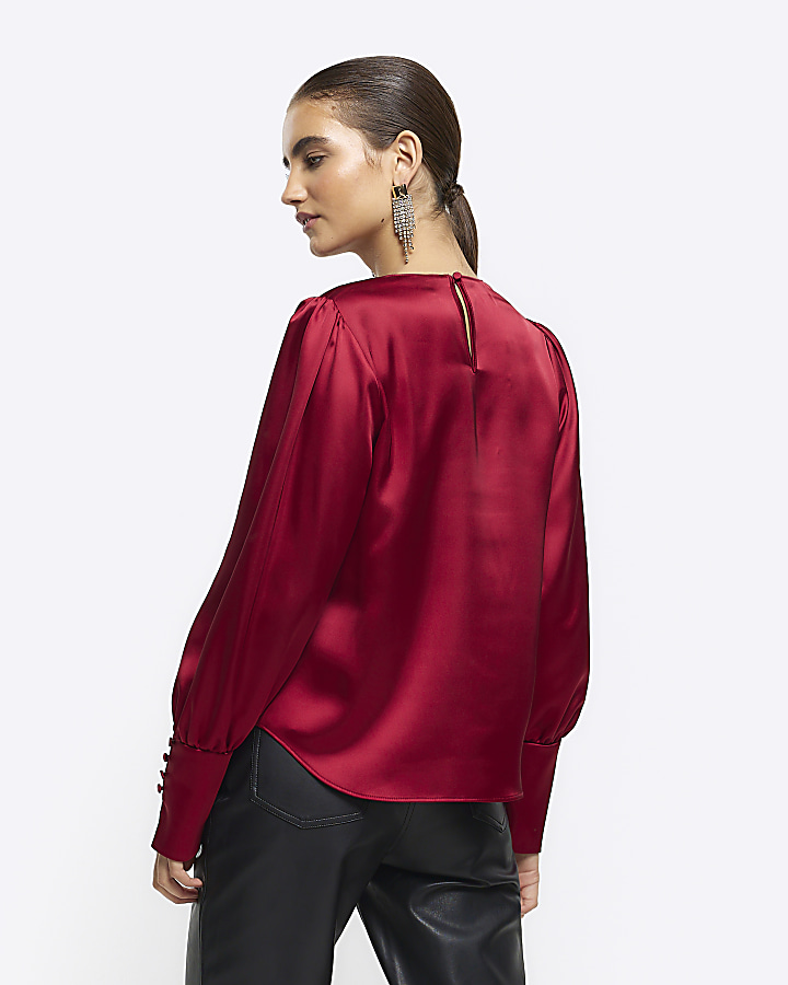 Red Satin Long Sleeve Blouse River Island 5692