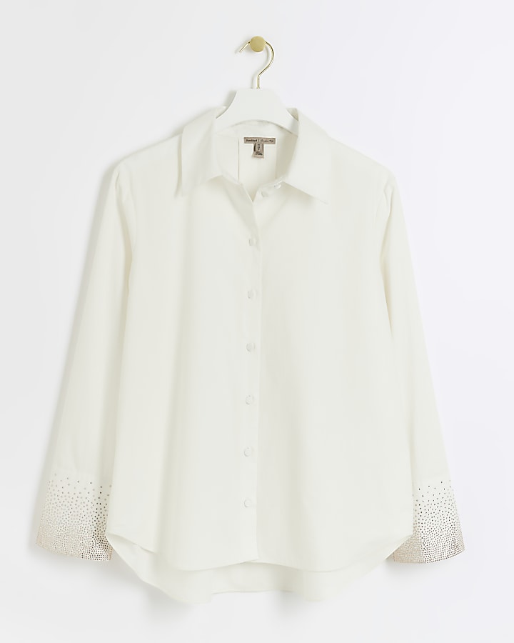 White poplin diamante cuff shirt