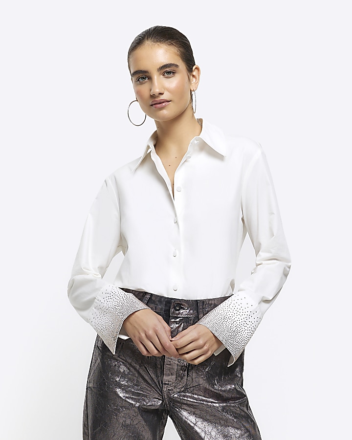 White poplin diamante cuff shirt