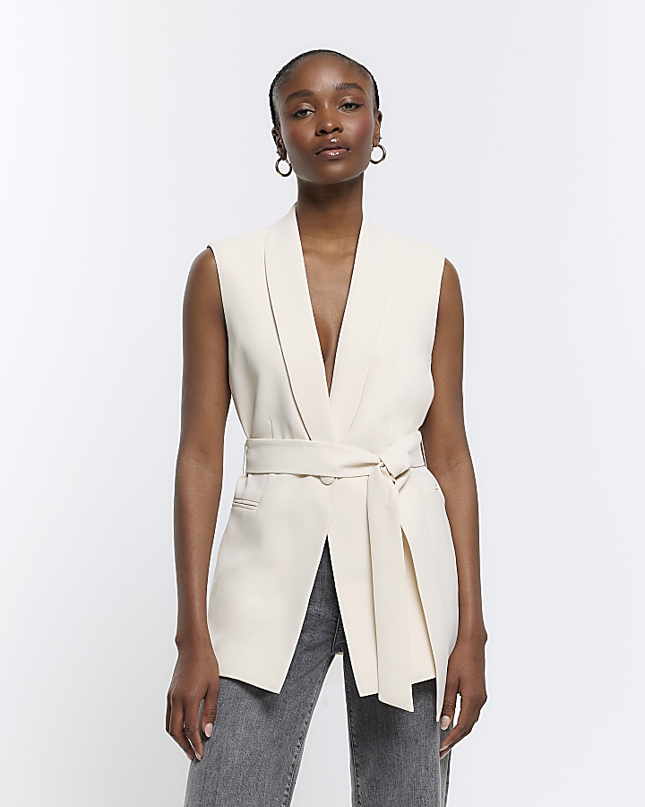 Cream Belted Longline Waistcoat