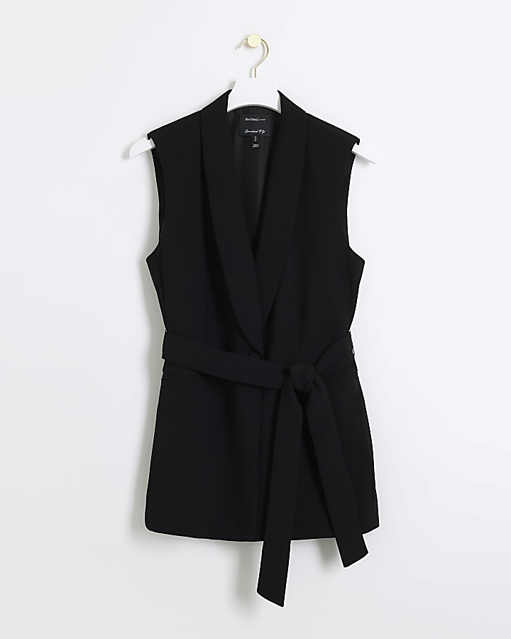 Black belted longline waistcoat