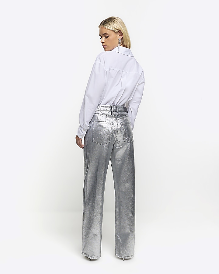 Petite silver straight coated jeans