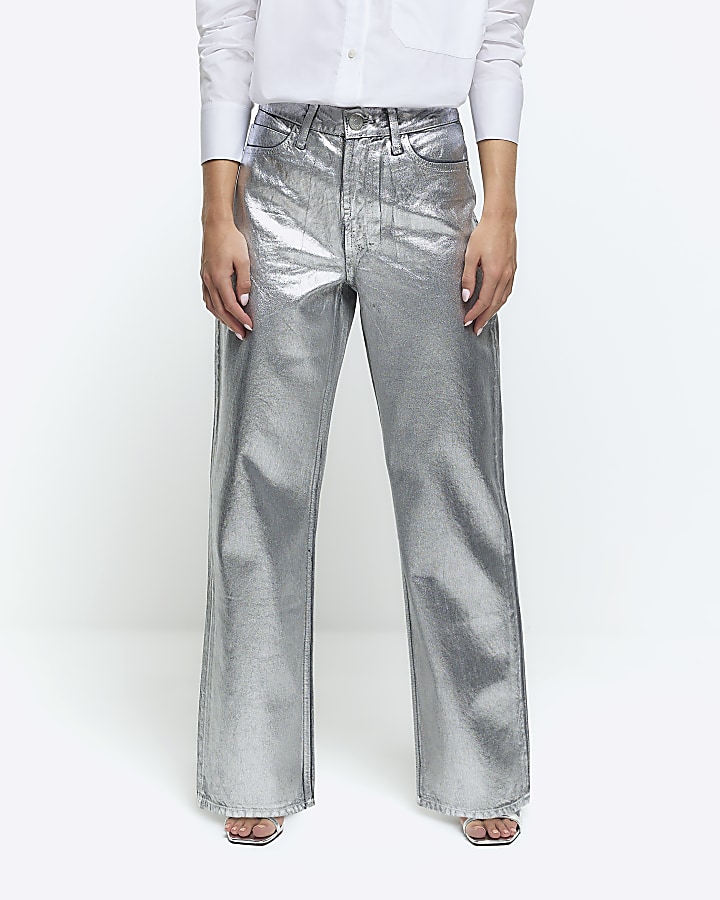 Petite silver straight coated jeans | River Island