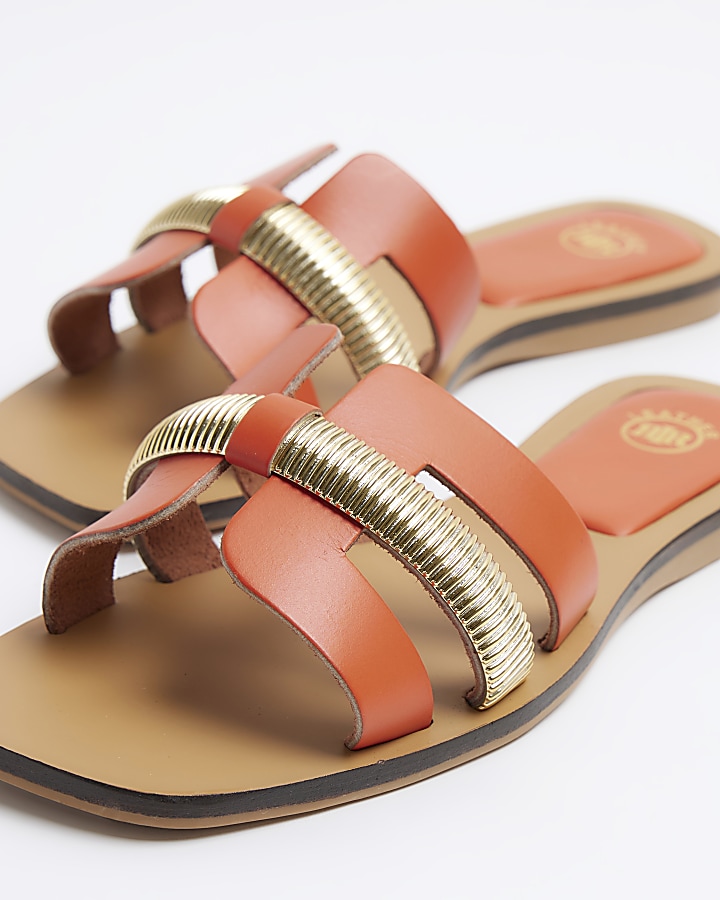 Orange leather flat sandals