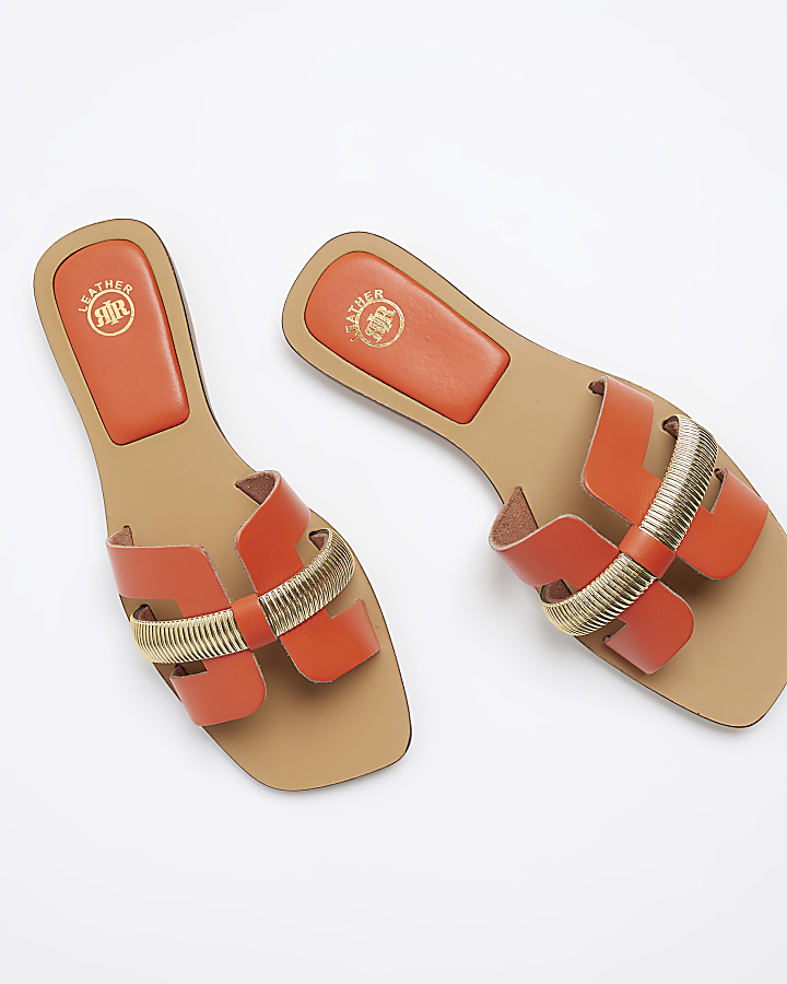 Orange leather flat sandals