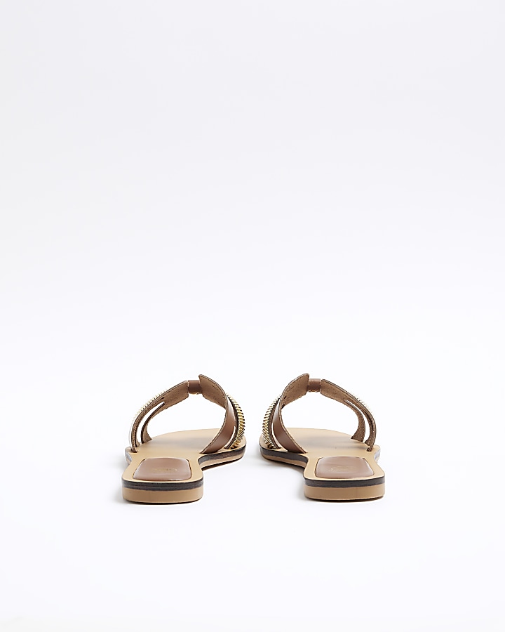 Brown leather flat sandals | River Island