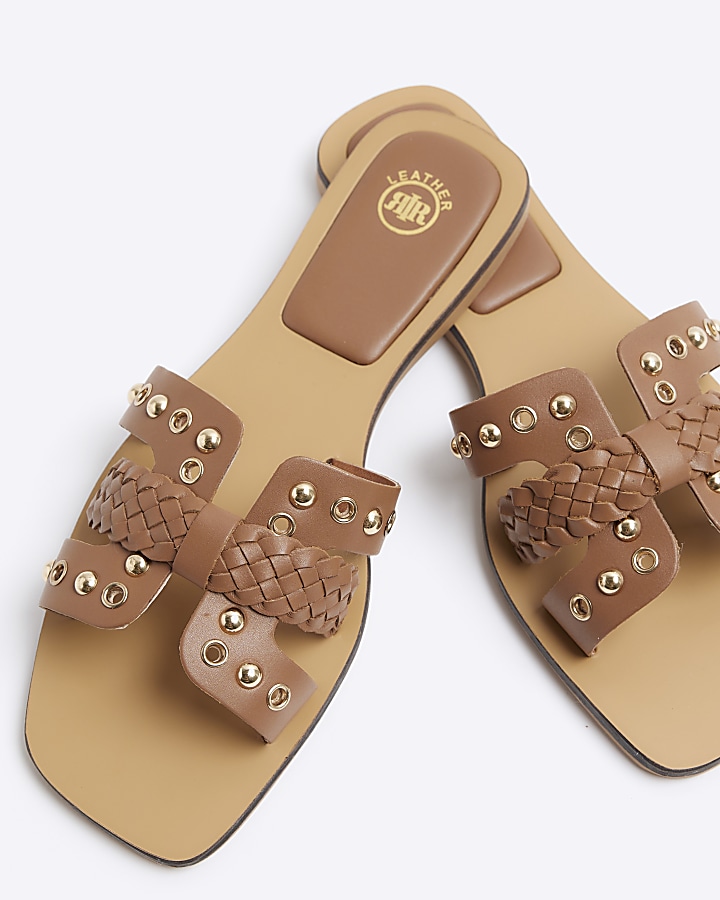 Brown leather studded flat sandals