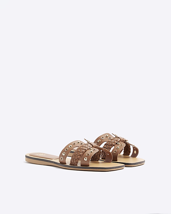 Brown leather studded flat sandals