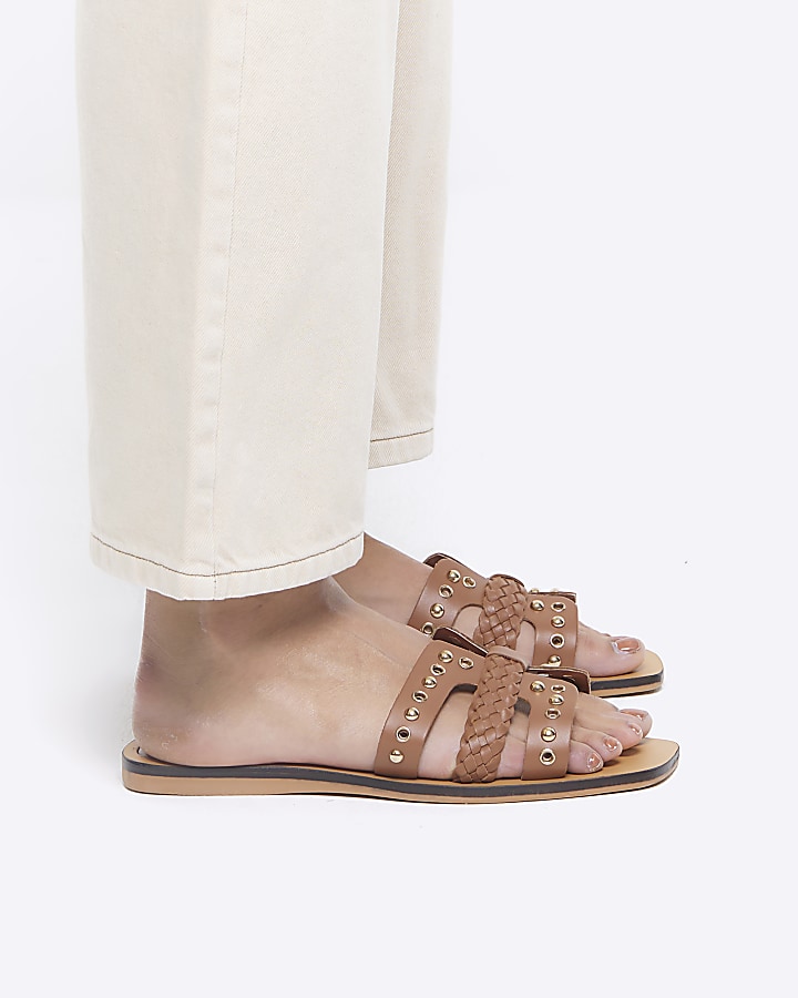 Brown leather studded flat sandals