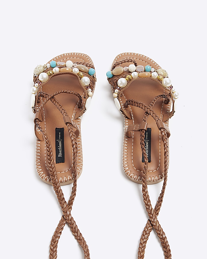 Brown Leather beaded tie up gladiator sandals