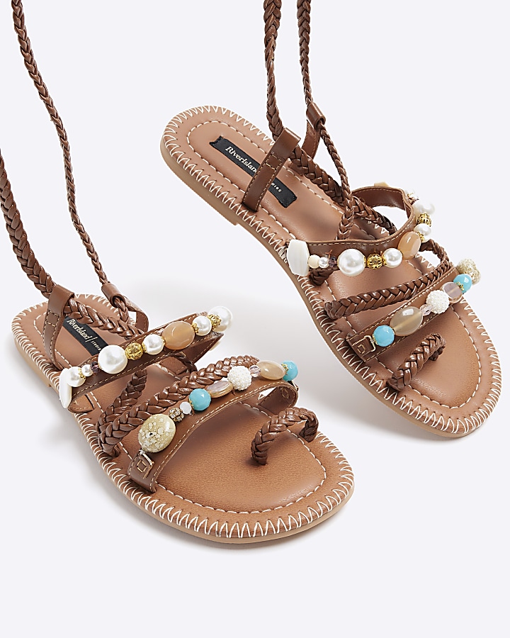 Brown Leather beaded tie up gladiator sandals