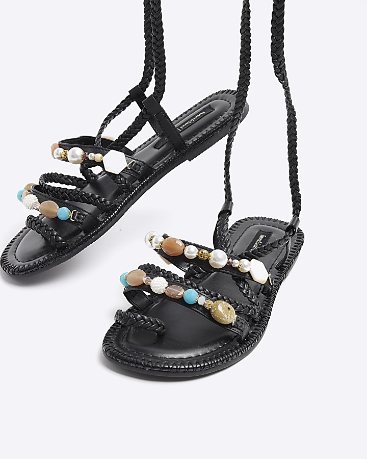 Black Leather beaded tie up gladiator sandals