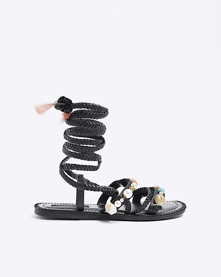 Black Leather beaded tie up gladiator sandals