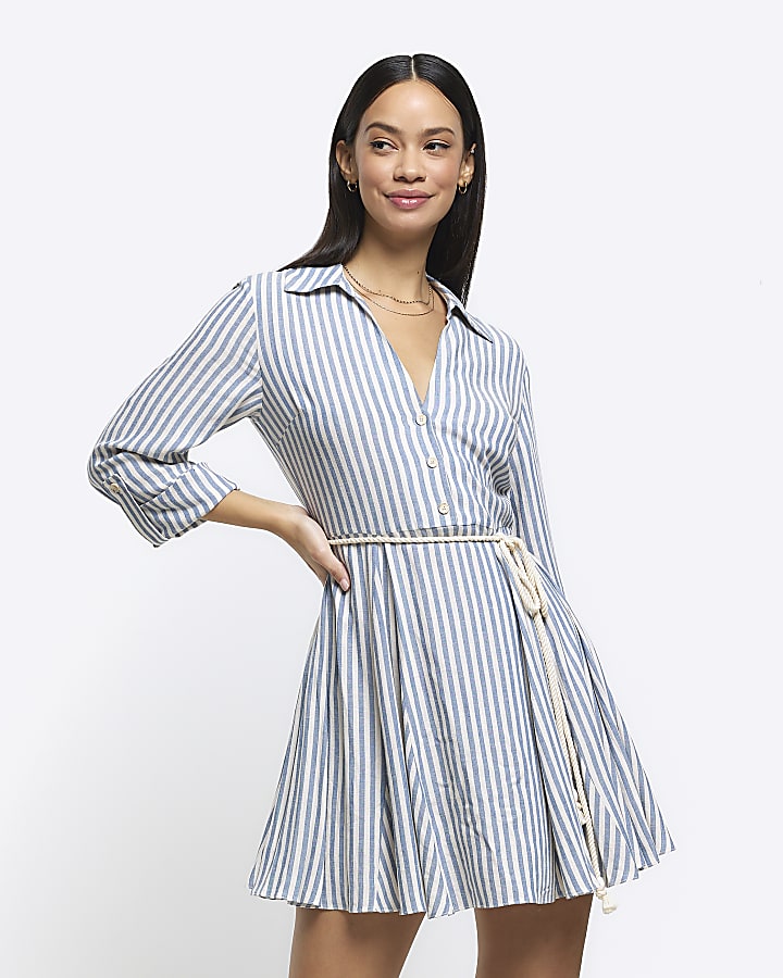 Blue stripe tie waist mini shirt dress | River Island