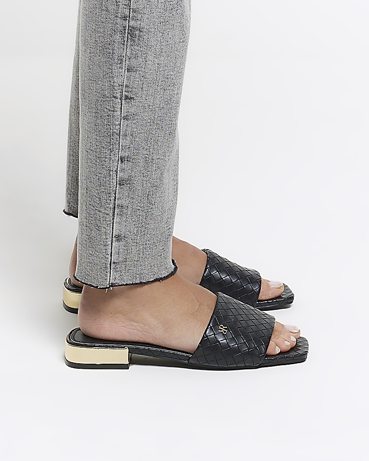 Black woven flat sandals | River Island