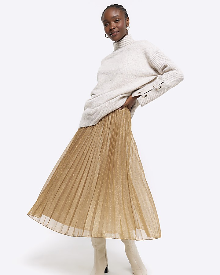 Gold plisse midi skirt | River Island