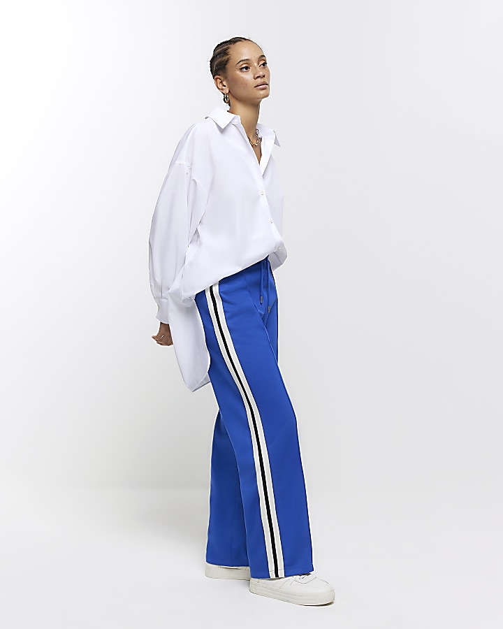 Blue side stripe wide leg joggers