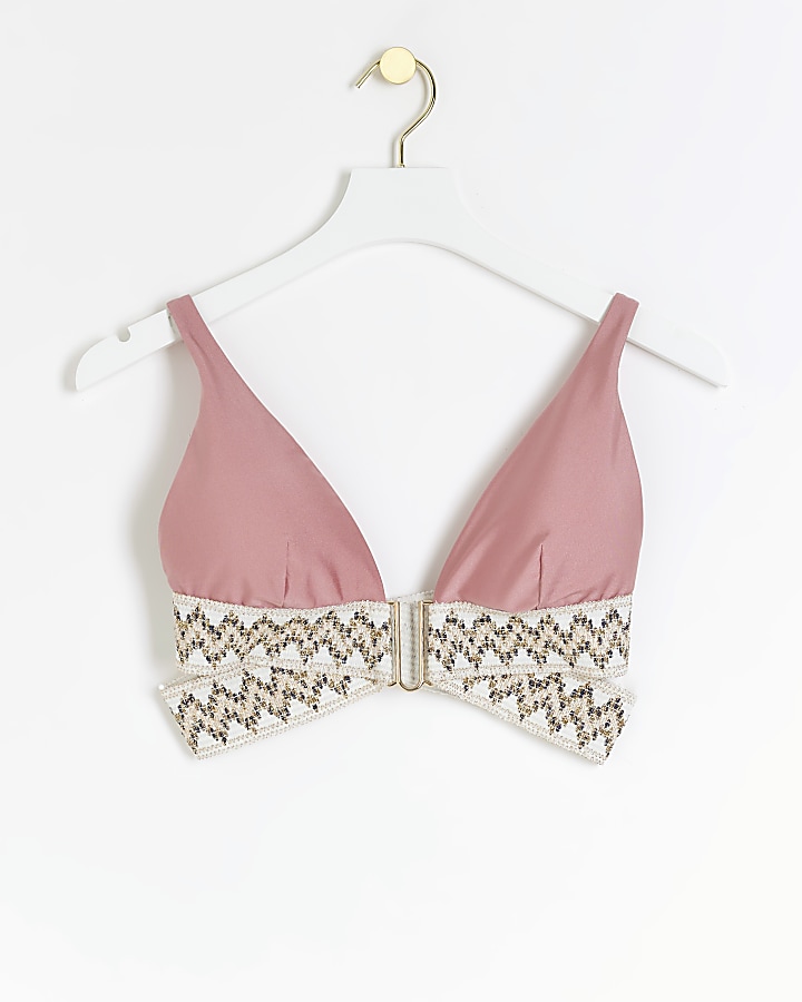 Pink elastic plunge bikini top