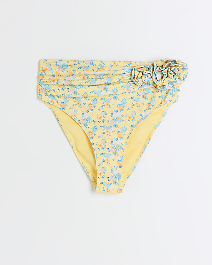 Yellow high waisted corsage bikini bottoms