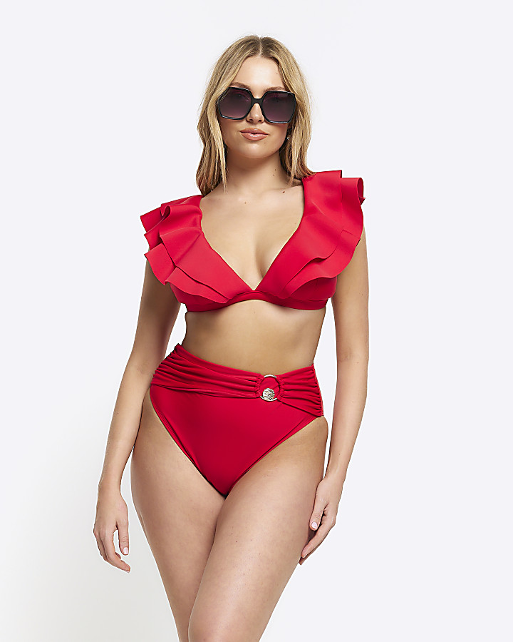 Red frill trim high waisted bikini brief