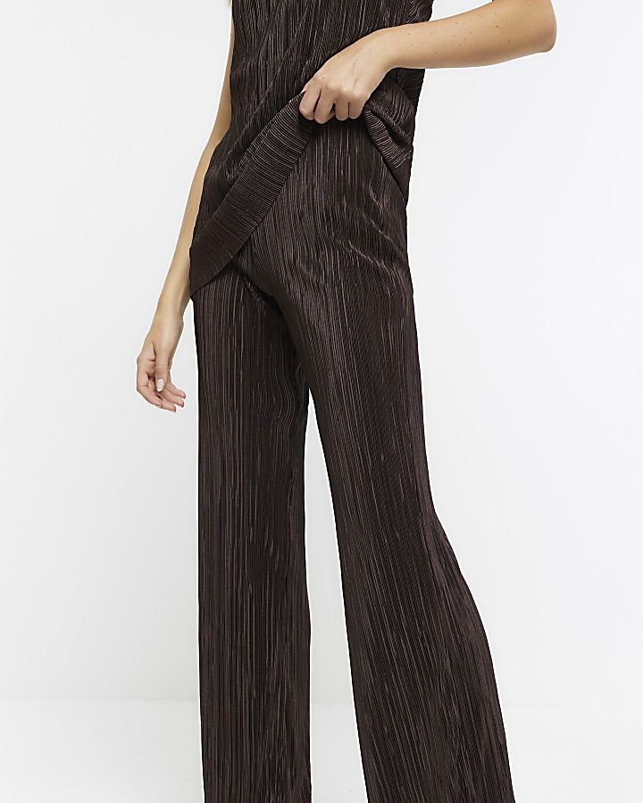 Brown plisse flared trousers