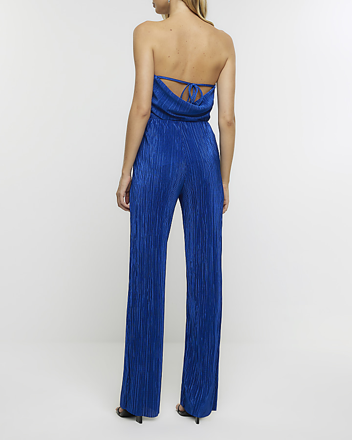 Blue plisse flared trousers
