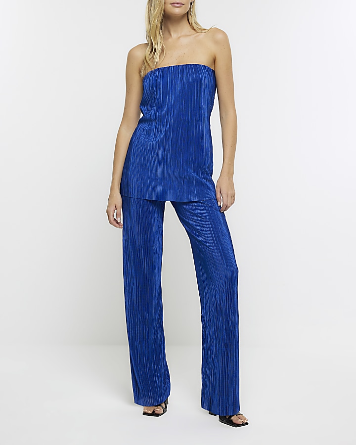Blue plisse flared trousers | River Island