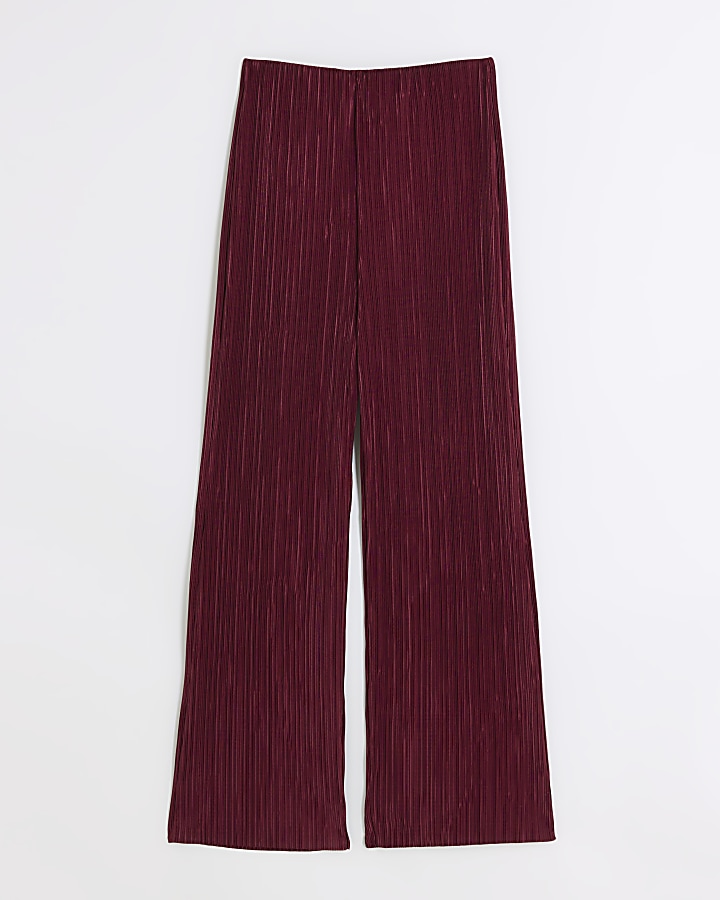 Red plisse flared trousers
