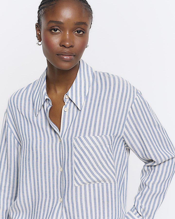 Blue linen blend stripe shirt | River Island