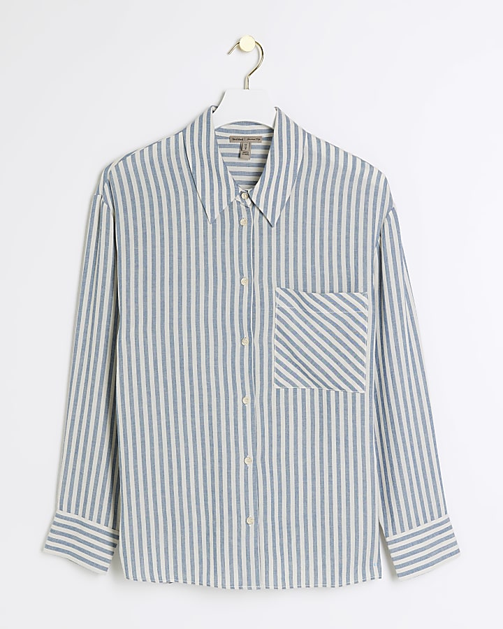 Blue linen blend stripe shirt