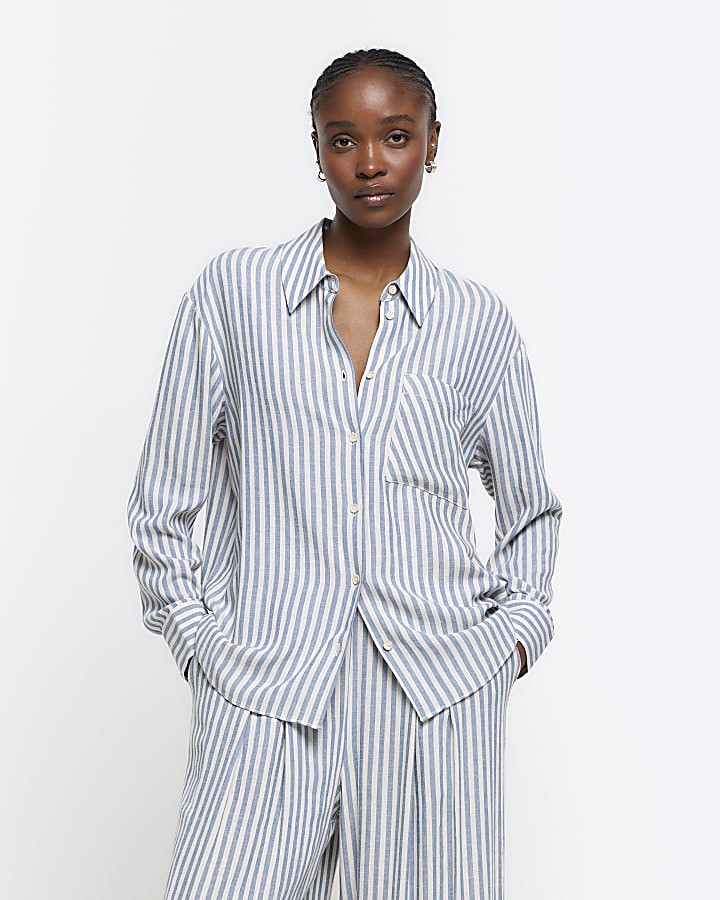 Blue linen blend stripe shirt