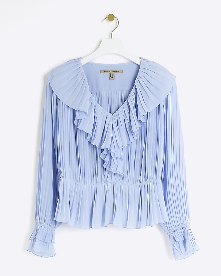 Blue plisse frill blouse