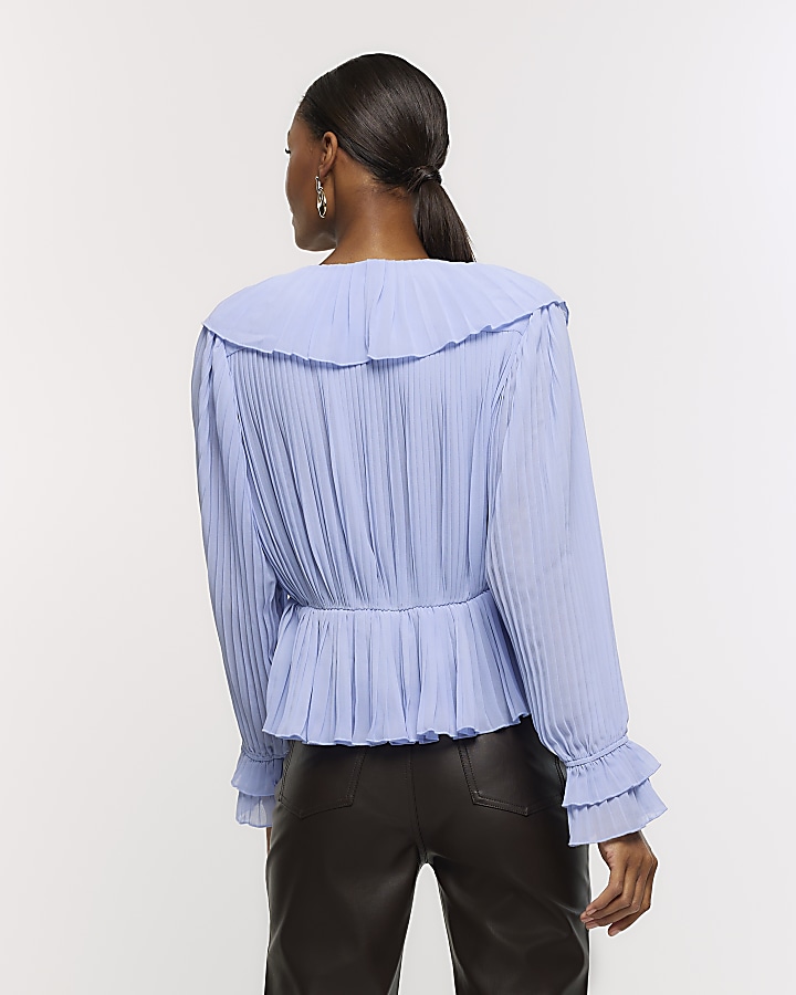 Blue plisse frill blouse