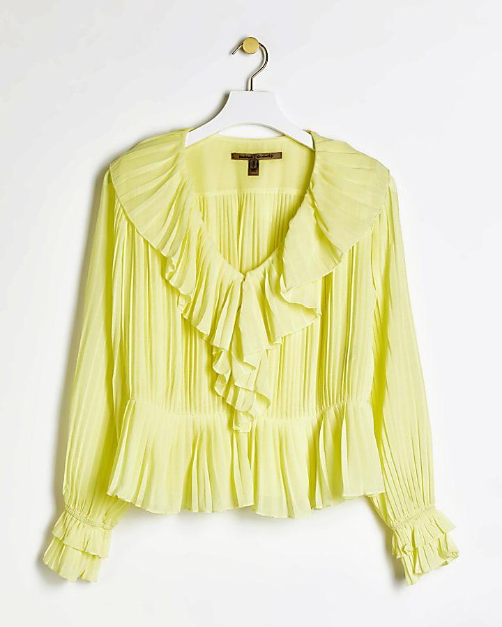 Yellow plisse frill blouse