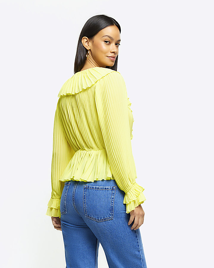 Yellow plisse frill blouse
