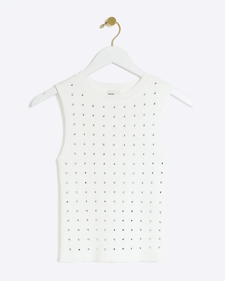 Cream rib diamante vest top River Island