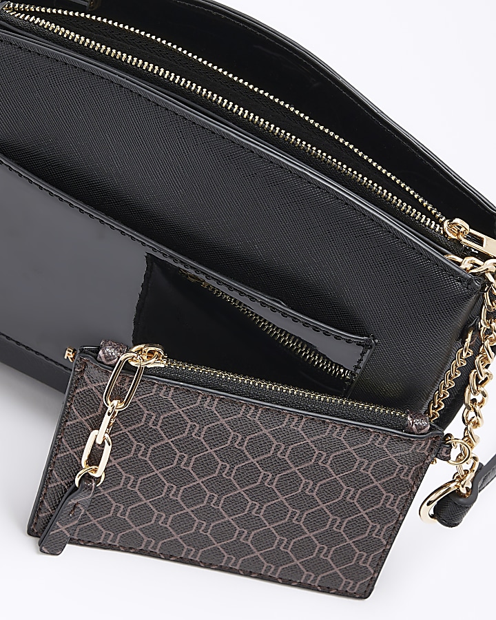 Black RI monogram pouch cross body bag River Island