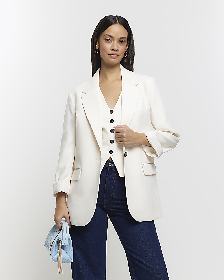 Cream rolled sleeve relaxed blazer | River Island