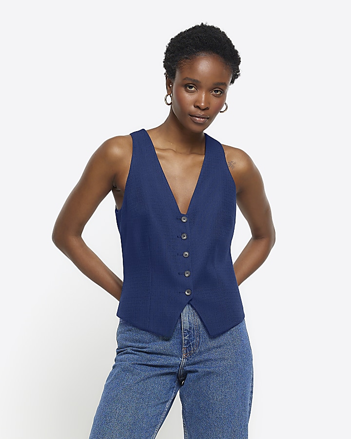 Navy button front waistcoat