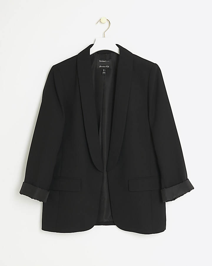 Black shawl collar roll sleeve blazer River Island
