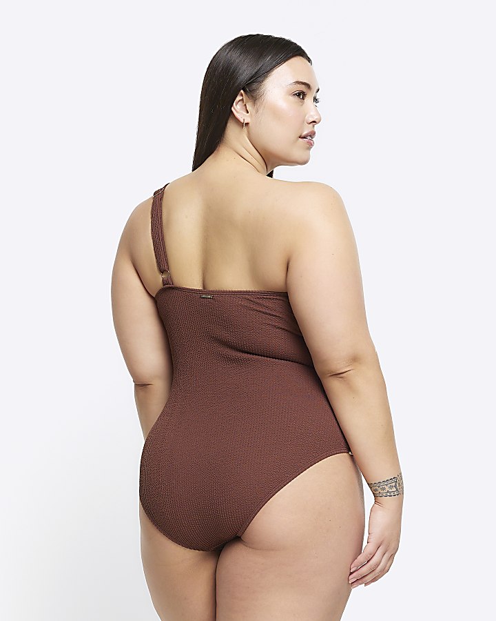 Plus brown stitched one shoulder swimsuit