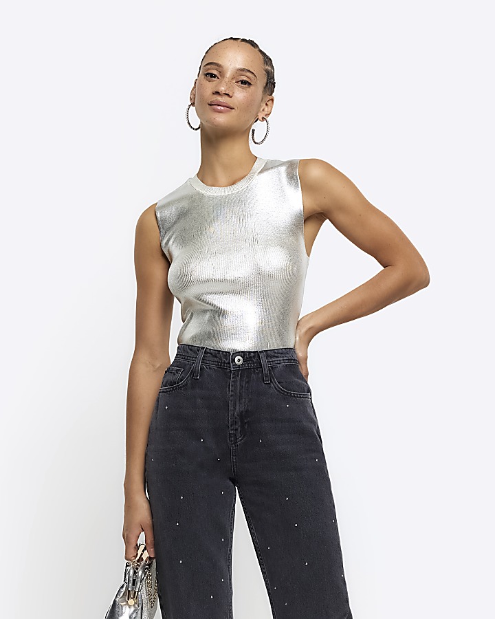 Silver metallic foil tank top