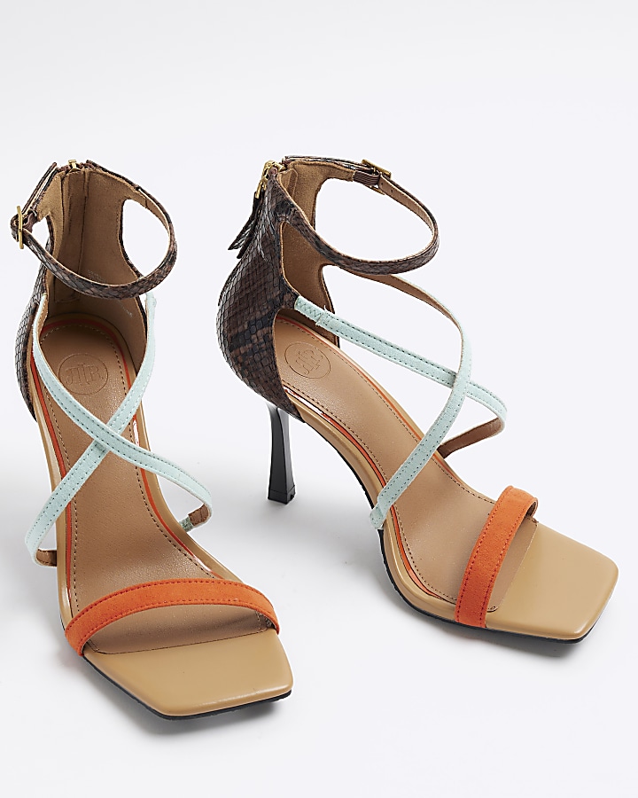 Brown closed back strappy heeled sandals